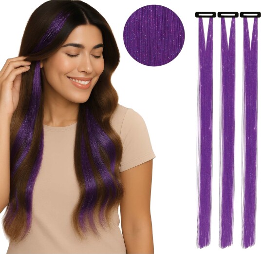 3 stk Tinsel Hair Extensions 50 cm - Lilla 3 stk Tinsel Hair Extensions 50 cm - Lilla