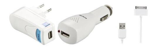 Deltaco IPNE-KIT3 - Batterilader + AC-strømadapter + bilstrømadapter - 1 A (USB) - hvit - for Apple iPad/iPhone/iPod
