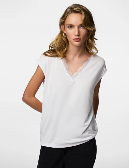 Pieces Pckamala Lace V Neck Tee Jrs Noos Bc White XL