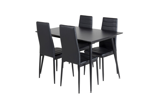 SilarBLExt spisegruppe spisebord uttrekksbord lengde cm 120 / 160 svart og 4 Slim High Back spisestuestoler PU kunstskinn svart.