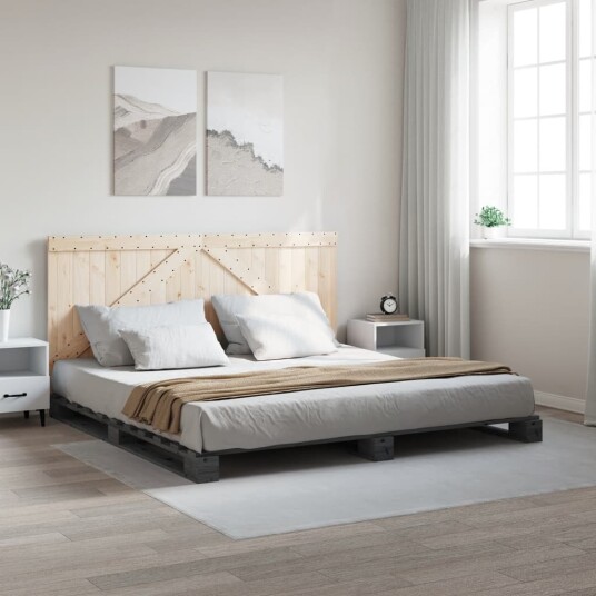  Sengeramme med hodegavl grå 200x200 cm heltre furu 3281567