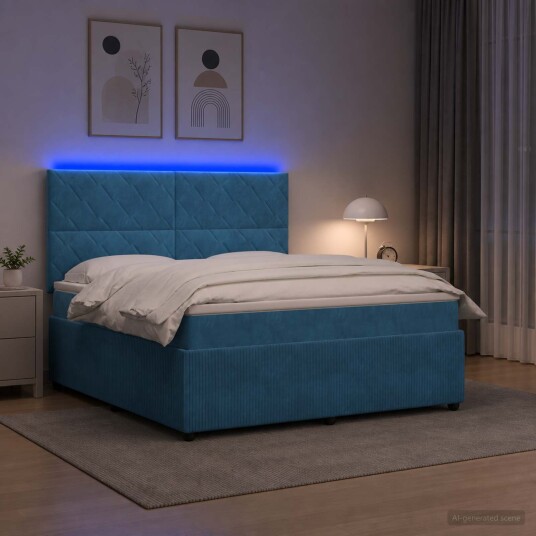vidaXL LED boksseng med madrass med hodegjerde Blå 140 x 200 cm Fløyel