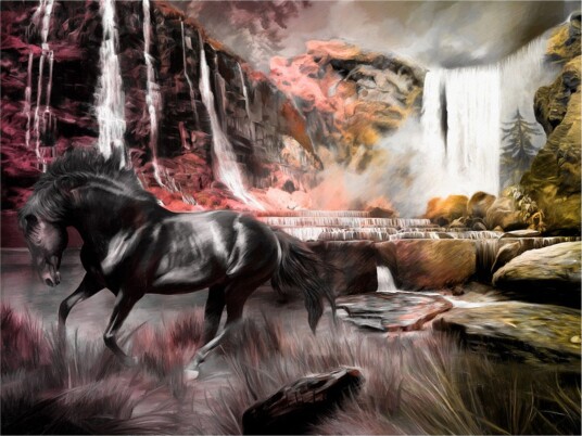 Fototapet Black Horse With A Waterfall 250x193 - Artgeist sp. z o. o.