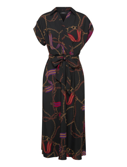 Lauren Ralph Lauren Belting-Print Belted Crepe Dress - Black - 32