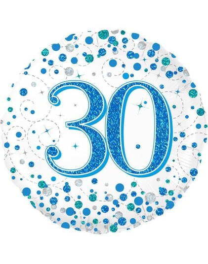 30 Års Feiring   Hvit og Blå Holografisk Folieballong 45 cm