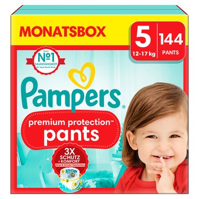 Pampers Premium Protection Pants, størrelse 5, 12-17 kg, månedlig boks (1x 144 bleier)