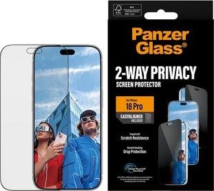 iPhone 18 Pro PanzerGlass Ultra-Wide Fit EasyAligner 2-Way Privatliv Beskyttelsesglass 9H Svart Kant