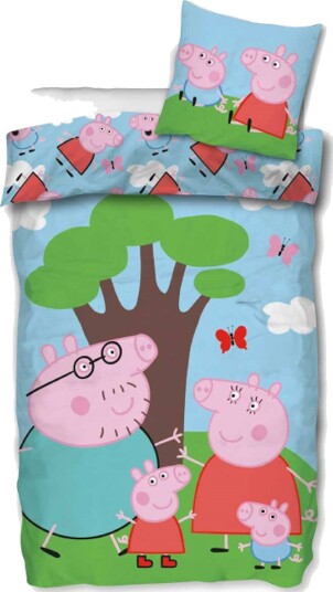 Peppa Gris sengetøy   Grisefamilien under treet   Vendbart dynetrekk med Gustav Gris Pappa Gris Mamma Gris og Peppa Gris   100% bomull sengesett