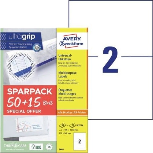 Universaletiketter Avery 210X148 Mm Hvid Med Ultragrip + 30% Ekstra Indhold 65 Ark X 2 Stk.