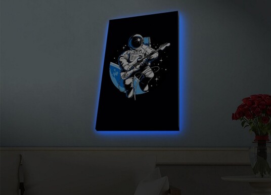 Lerretsbilde med LED belysning Astronaut spiller gitar i rommet Svart / Blå / Hvit