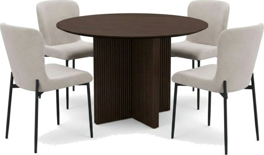 Edda spisegruppe rund 110 cm røkt eik med 4 Elsie spisestoler Røkt eik/beige