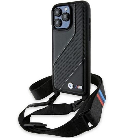 BMW M Edition Mobildeksel til iPhone 15 Pro - Svart med Carbon Stripe & Strap