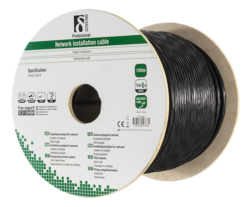 Deltaco U/ftp Cat6a Installation Cable For Outdoor Use, 100m Drum, 500mhz, Delta Certified, 23awg, Black Deltaco U/ftp Cat6a Installation Cable For Outdoor Use, 100m Drum, 500mhz, Delta Certified, 23awg, Black
