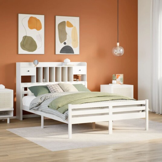 Seng med bokhylle uten madrass hvit 150x200 cm heltre furu 8721158610539