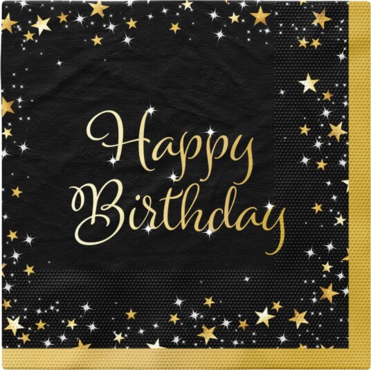 Servietter Happy Birthday Svart/Gull 16 pakning