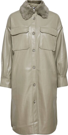 Jakke Sharon Faux Leather Shacket With Fur Collar Green XS
