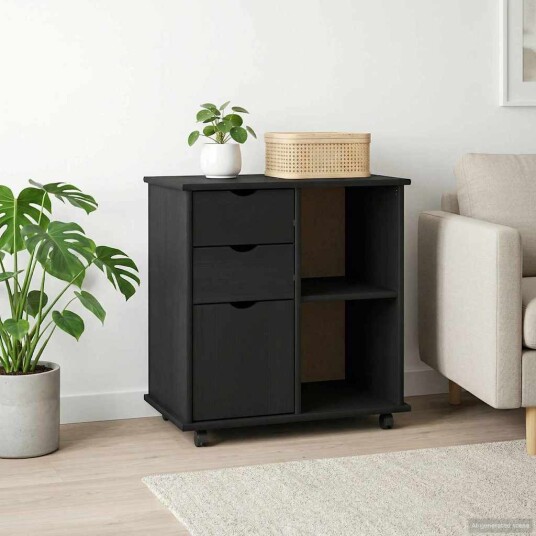 vidaXL Rullende skap med hjul Svart 63,5 x 39 x 65,5 cm Massiv furu