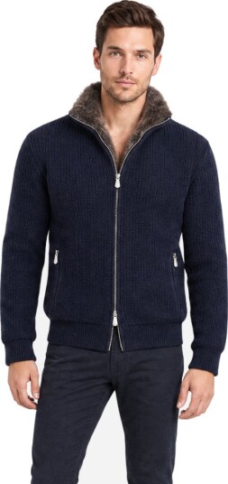 Gran Sasso Full zip jacket cashmere faux fur 50 blå herre