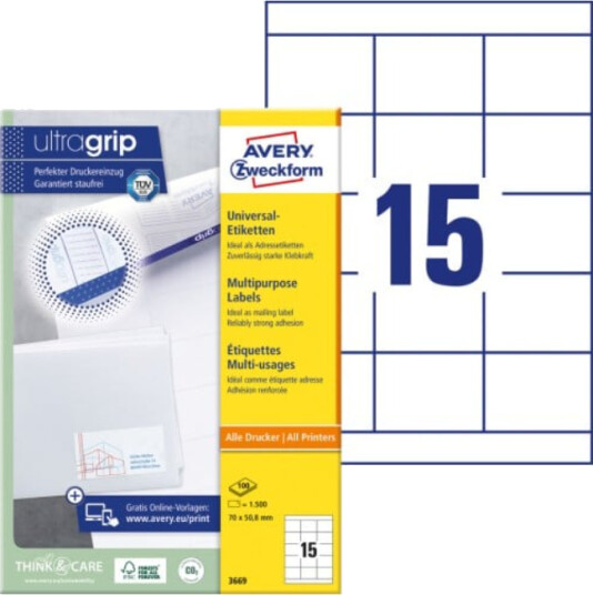 Avery Universal-etiketter med Ultragrip 70 x 50,8 mm 1500-etiketter hvit SAV-3669