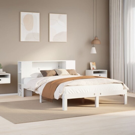  Seng med bokhylle uten madrass hvit 140x190 cm heltre furu 3322512