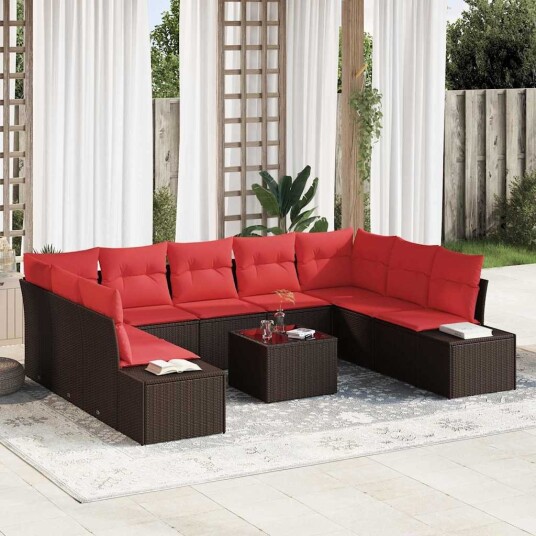 vidaXL Hagesofa Set 9 stk. 8-Antall seter Brun og rød Polyrattan
