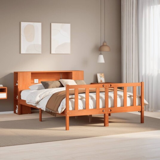 Seng med bokhylle uten madrass voksbrun 150x200 cm heltre 8721158608888