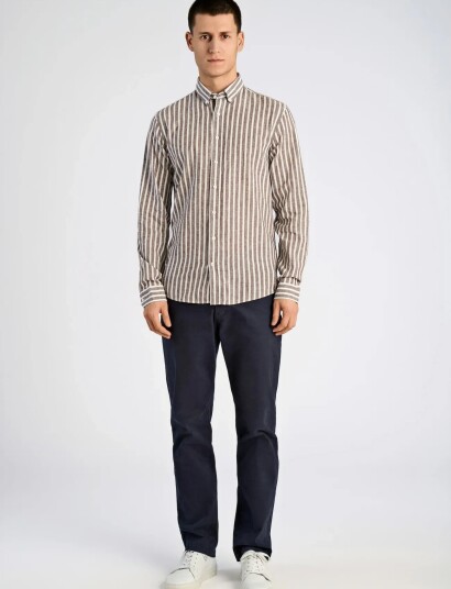 Lindbergh Wide Striped Cotton/Linen Shirt L/S Beige XXL
