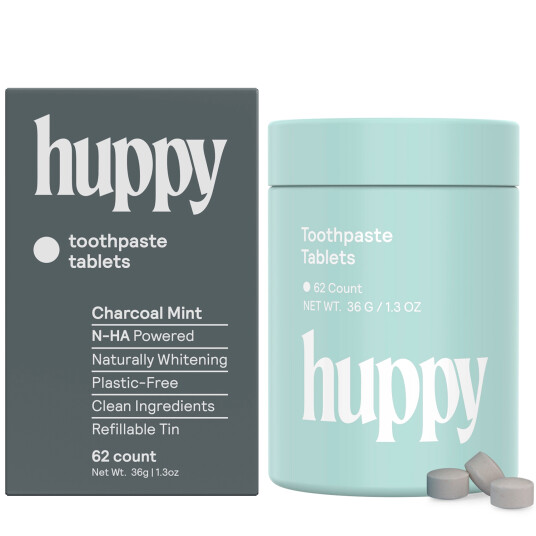 Naturlig Hydroxyapatit tannkremtabletter HUPPY Xylitol Charcoal Boks 62 stk.