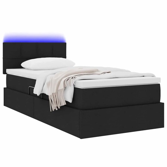  Seng med lagring og LED med madrass Svart 90 x 190 cm stoff