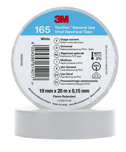 3M Temflex 165 Vinyltape 20m x 19mm Hvit for Elektroverktøy 3M Temflex 165 Vinyltape 20m x 19mm Hvit for Elektroverktøy