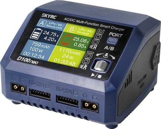 SkyRC D100 Neo Dobbel Lader med 2.8" Fargedisplay 100W AC