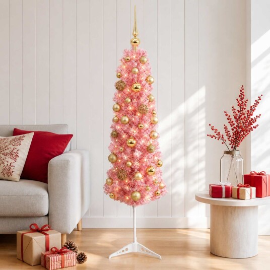 vidaXL Kunstig smalt juletre med julekuler 120 cm 150 LED-lys Varmhvit