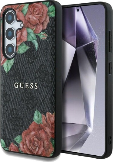 Guess Lær 4G Blomsterprint MagSafe Mobildeksel til Samsung Galaxy S25 - Svart
