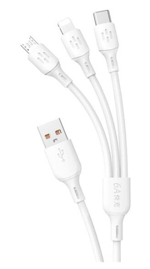 Dudao 3-i-1 USB-kabel 6A 1,2m Hvit - USB-C, microUSB, Lightning