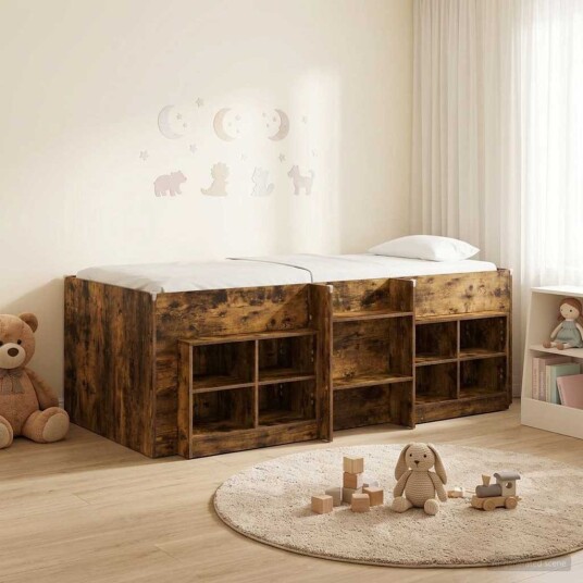  Loft Seng Ramme med Skap 3 pcs Røkt Eik Konstruert tre