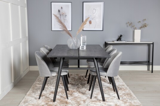 Venture Home Spisegruppe Sediza 195 cm inkl. 6 Luisa Fløyelsstoler Svart/Lysegrå