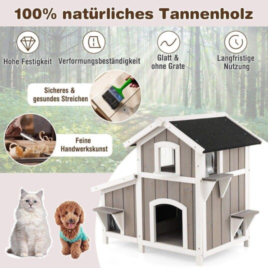 Cat House Outdoor 2-etasjes Cat Hut Cat Villa med asfalttak Grå 100 x 64 x 82,5 cm
