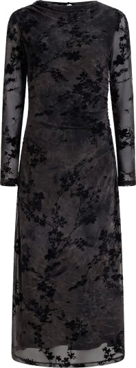 French Connection Kenny Mesh Velvet Burnout Midi Dress BLACK/BROWN XL