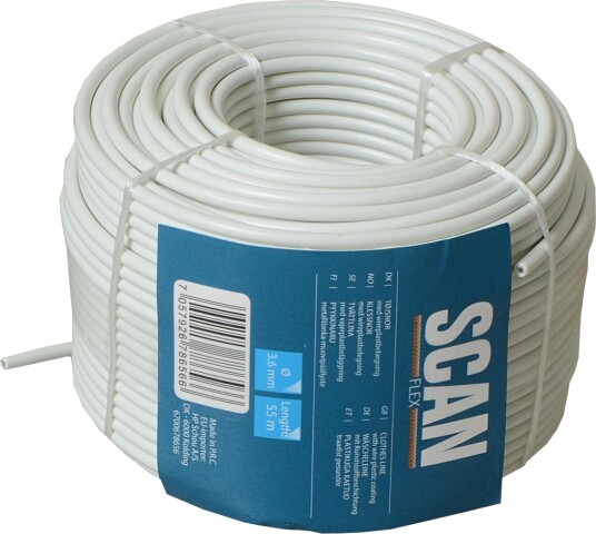 KLESSNOR m/WIRE 3,6mmx55m 4/20 PLASTBELAGT TØRKESNOR HVIT SCAN FLEX•