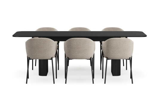 Bark Kopparbo Spisebord 180 240 cm Uttrekkbart med 6 Filip Spisestoler Svart / Taupe Bouclé