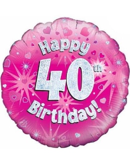 Happy 40th Birthday   Rosa Holografisk Folieballong 45 cm