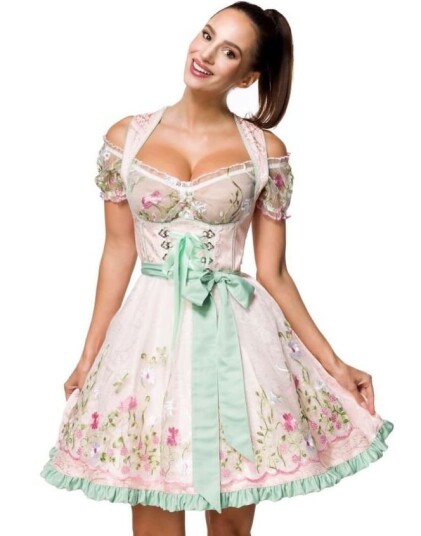 Lys Rosa Dirndl Oktoberfestkjole med Mintgrønne Detaljer i Luksuskvalitet med Utformet Blomster på Forkle L