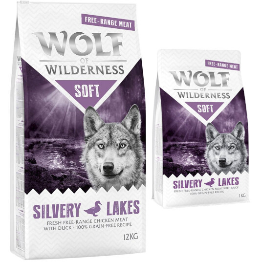 Wolf Of Wilderness 12 + 1 kg Gratis! 13 kg Tørrfôr "Soft Silvery Lakes" Frittgående Kylling & And (Halvfuktig)