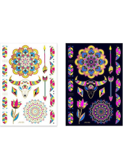 Ark med Mandala Oksehodeskalle og Andre Fluorescerende Gullfolierte Tatoveringer Gold UV Fake Tattoo