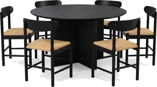 Edda spisegruppe rund 130 cm svart med 6 Malte spisestoler