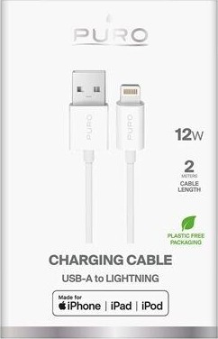 Puro TPE USB A Lightning 12W kabel 2m hvit PUCAPLT12W2MTWHI