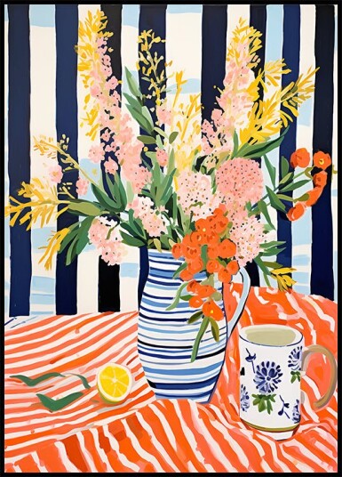Summer Flowers Striped Vase Lemon Still Life Plakat Plakat / 100x150cm