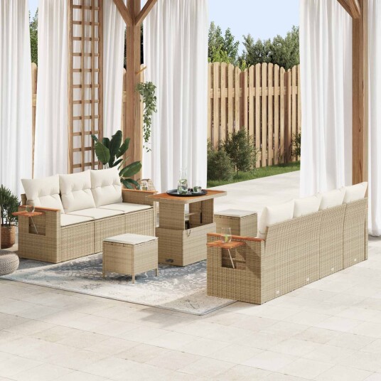 10-delt hagesofa sett med puter i beige poly rattan og akacia