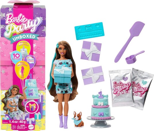 Barbie | Party Unboxed Pet Birthday Series Doll & Accessories, Party Stars Set With 10 Surprises | ONE SIZE