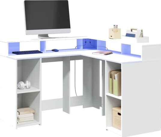 Skrivebord med LED-lys hvit 130x130x91 cm konstruert tre